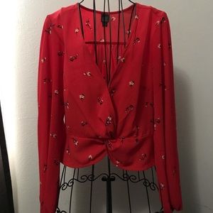 Bright Red Blouse with Small Floral Print